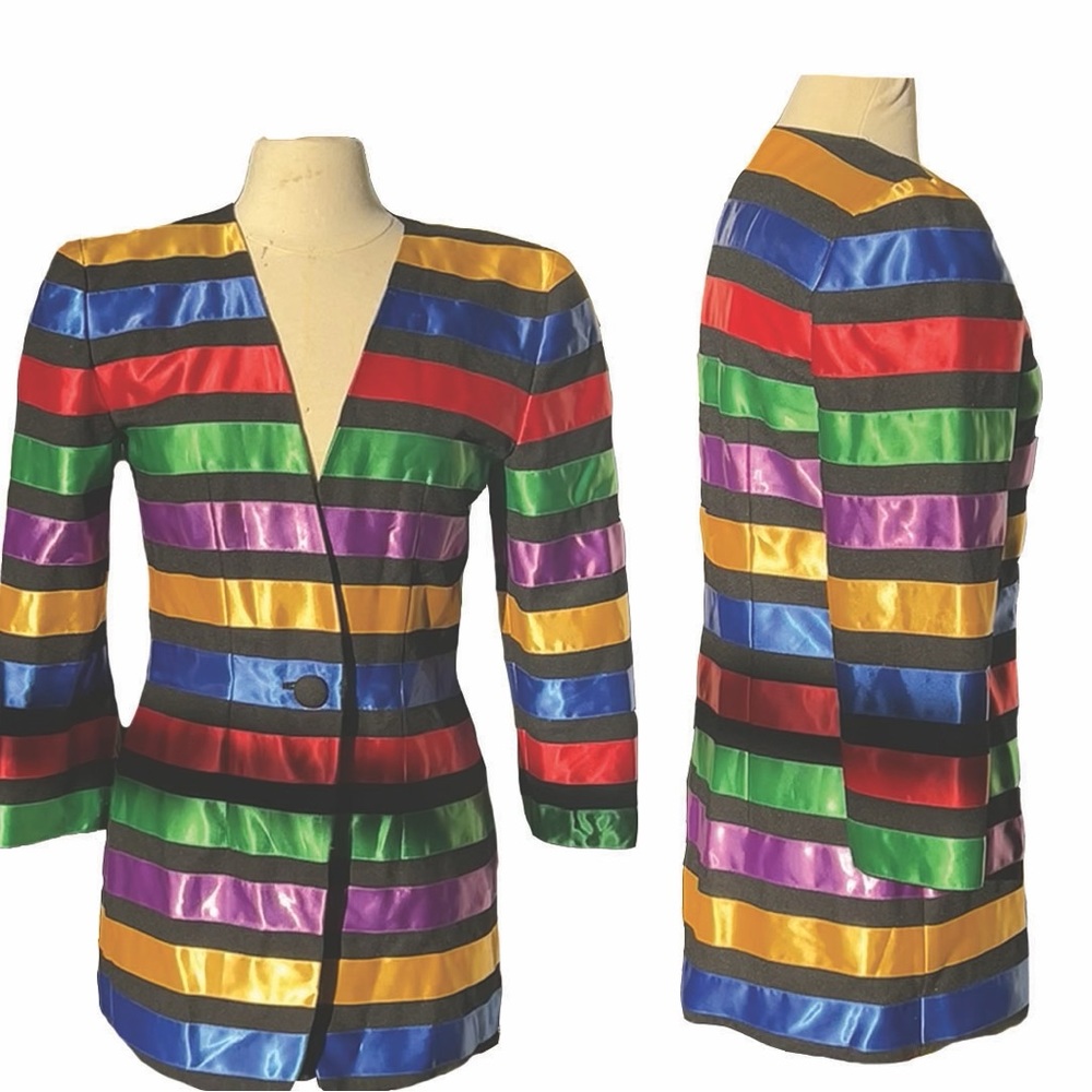VINTAGE COLOR BLOCK PADDED SHOULDER BLAZER DRESS-size 6